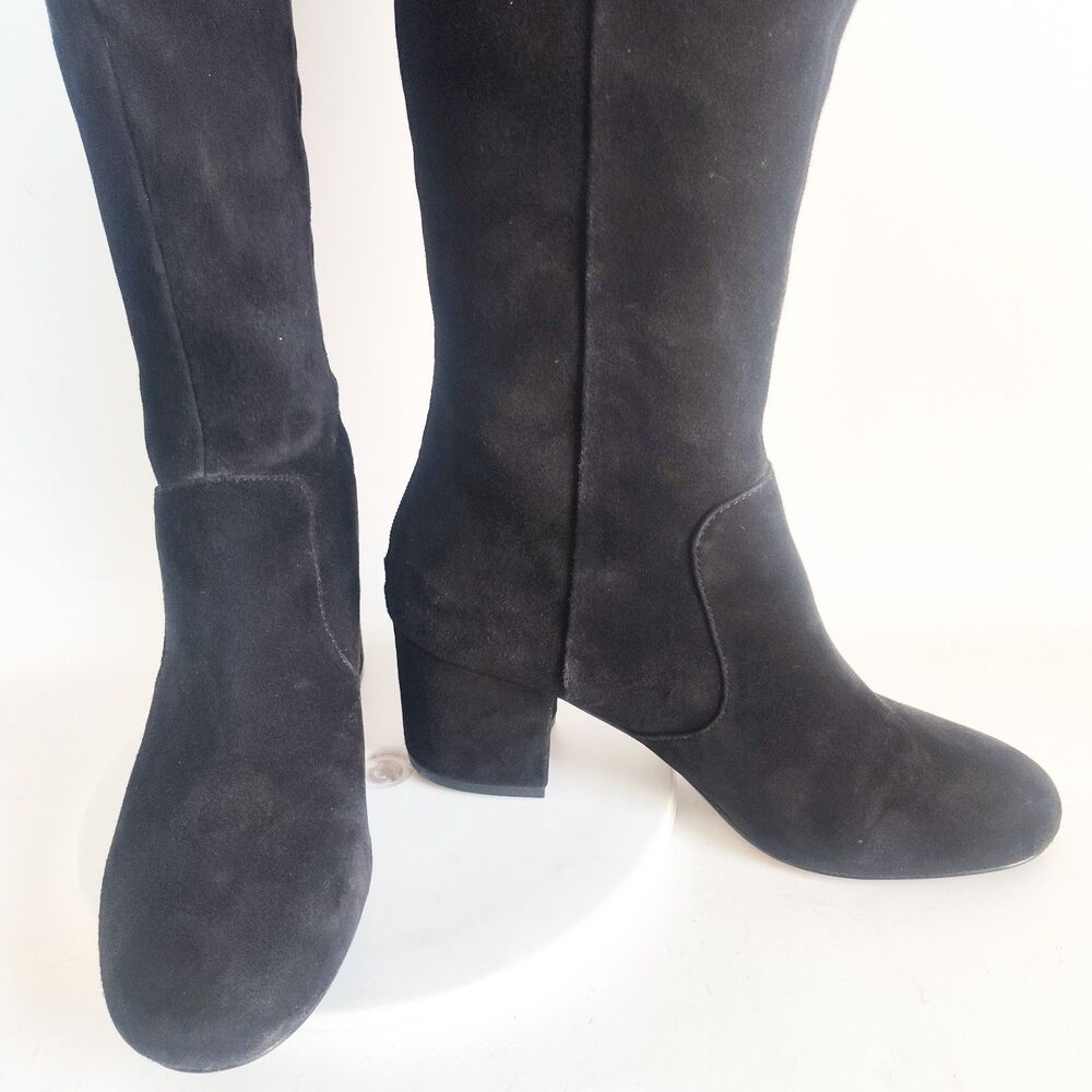Nine West Knee‎ High Boots Size 7.5 Black Suede Leather Block Heel Zip Riding - Picture 11 of 16